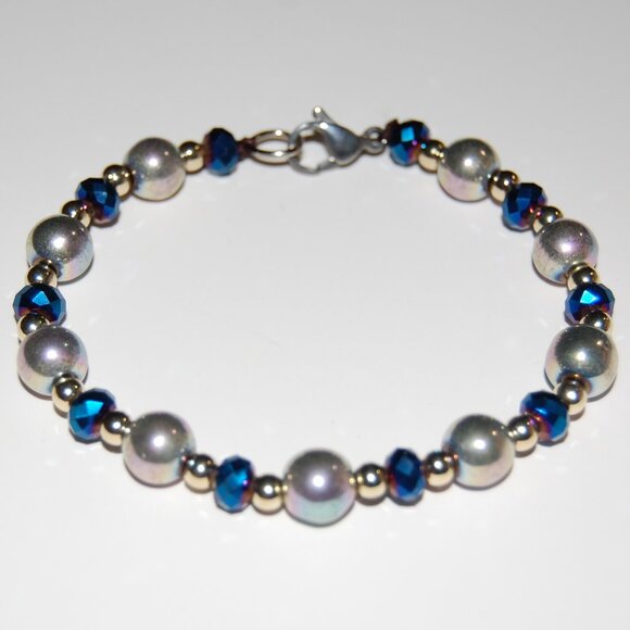 Silver Balls Bracelet,Clasp Closure Bracelet,Silver and Glass Beaded Bracelet - Picture 2 of 2